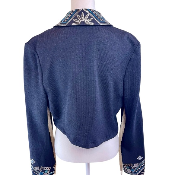 ST JOHN Black Knit Beaded Bolero Jacket Fringe 12 Cowgirl Western Sequin Cropped - Picture 3 of 16